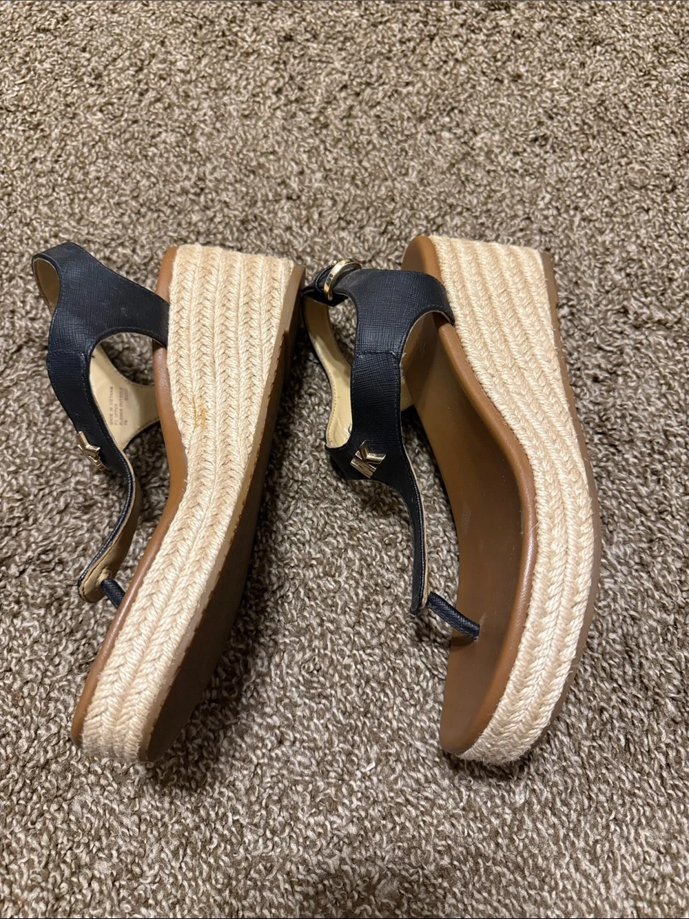 Michael Michael Kors Thong Wedge Espadrille Sandals MK Logo Black Espadrilles 7M